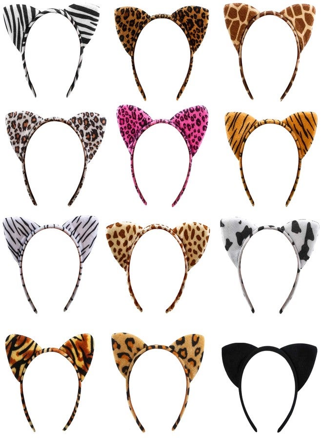 Haconba Animal Ear Headbands, 12 Pack - Cat, Tiger, Leopard, Cheetah, Giraffe, Zebra Ear Headband Hair Hoop Head Accessory for Halloween, Cosplay, Woodland, Jungle Animal Theme Party Favor - Image 1